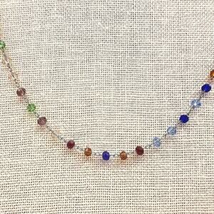 Vintage 80s Rainbow Crystal Bead Necklace Chakra Glass Alloy Cable Chain Jewelry
